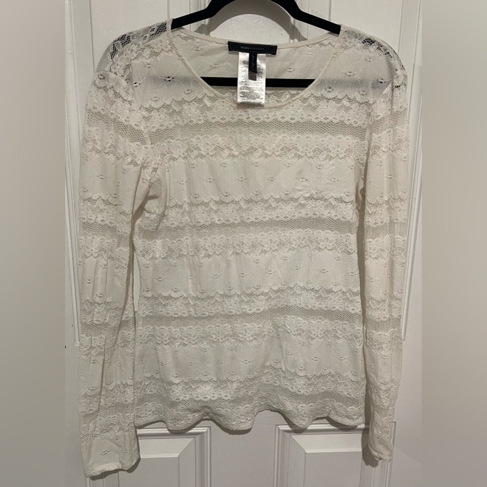 BCBG Maxazria White Lace Long sleeve Shirt Size Large Romantic Feminine